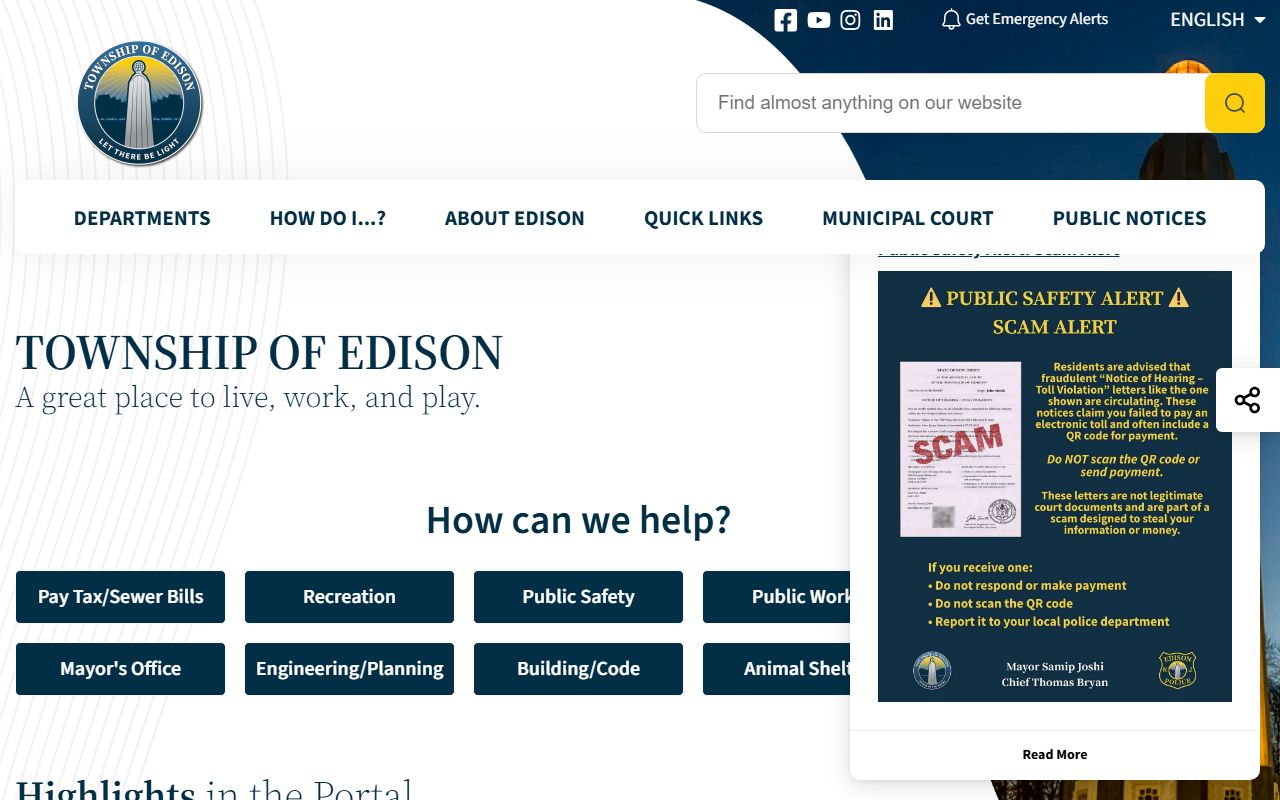 Edison Township government homepage for dissolution of marriage resources