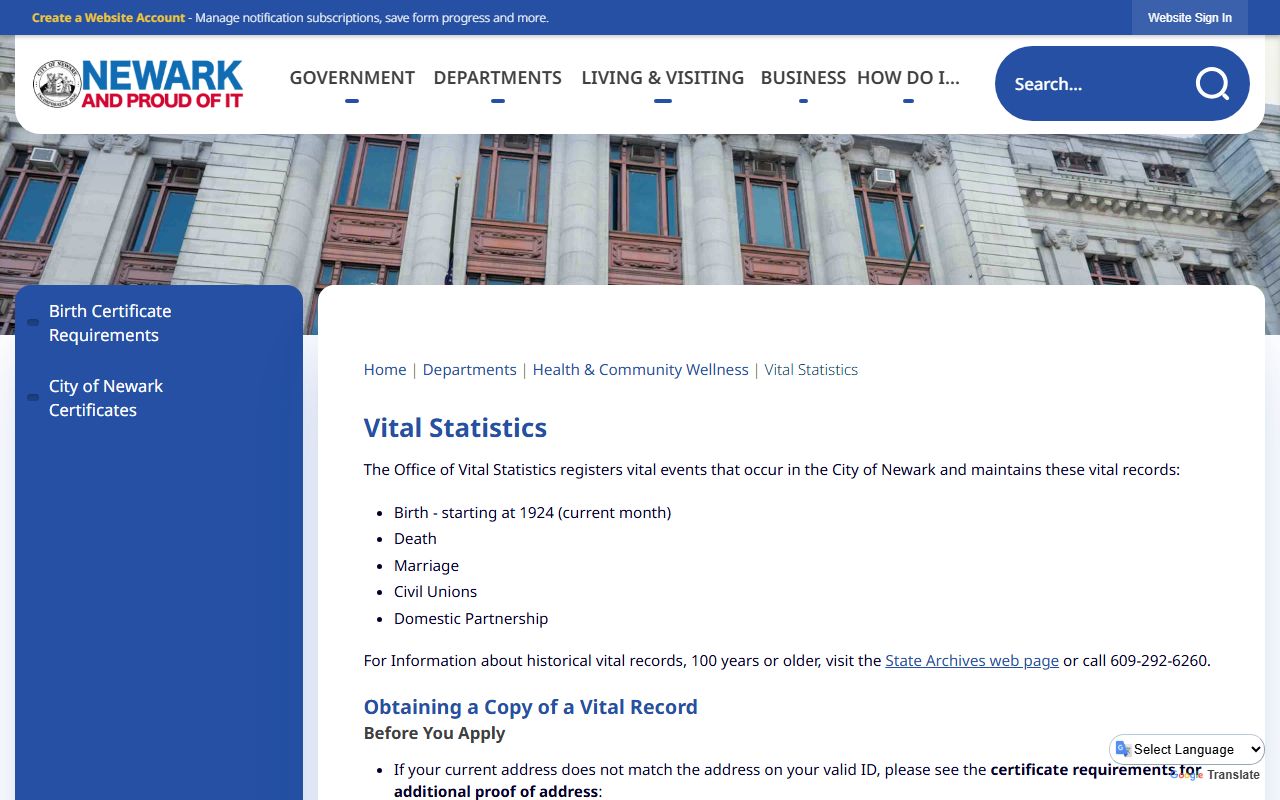Newark Vital Statistics page for dissolution of marriage records