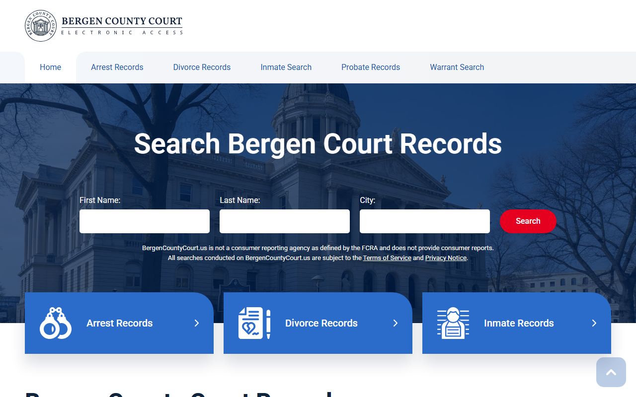 Bergen County court homepage for dissolution of marriage records