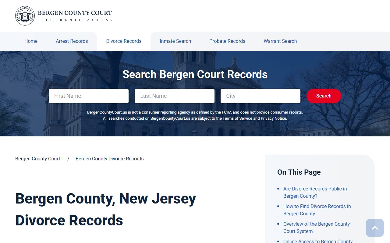 Bergen County divorce records page for dissolution of marriage access