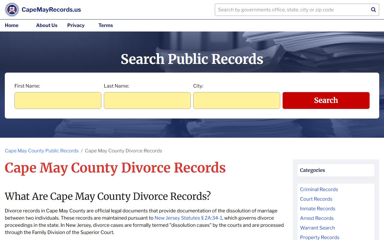 Cape May County divorce records page for dissolution of marriage search