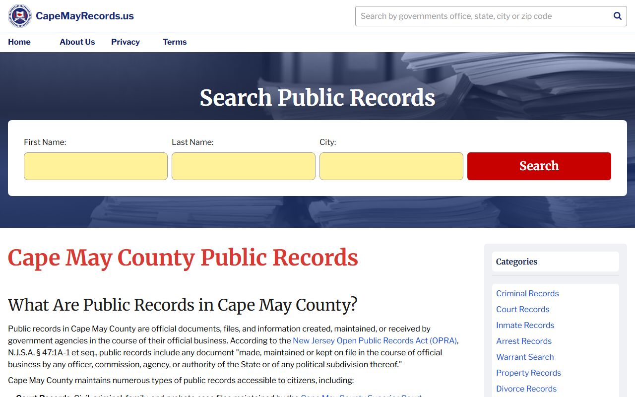 Cape May County records homepage for dissolution of marriage access