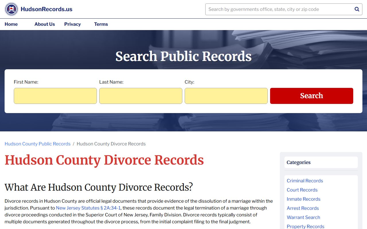 Hudson County dissolution of marriage divorce records portal