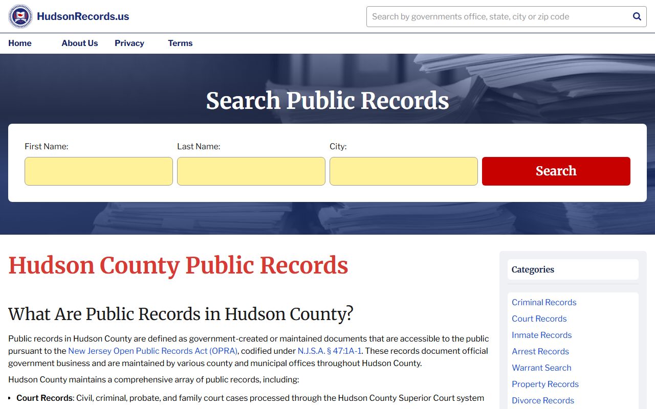 Hudson County records homepage for dissolution of marriage lookup