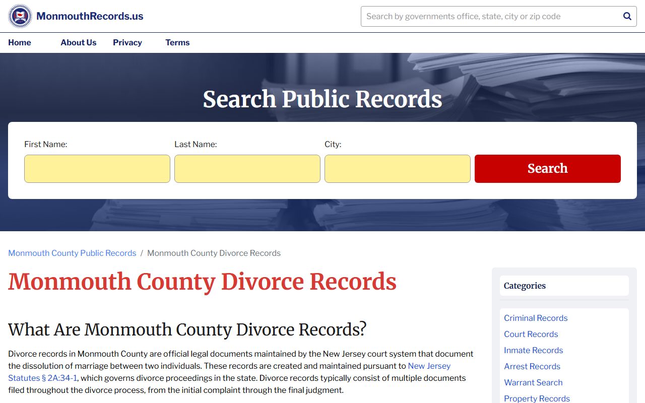 Monmouth County divorce records page for dissolution of marriage searches