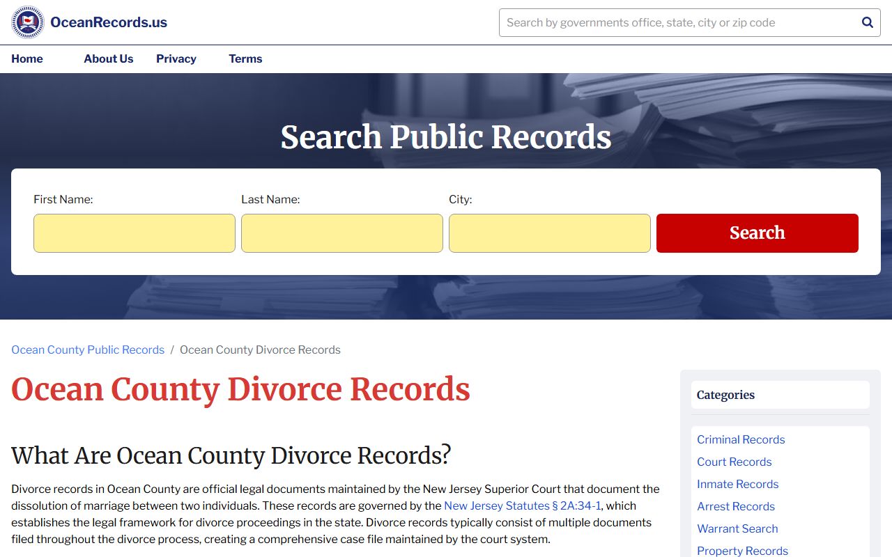 Ocean County divorce records page for dissolution of marriage lookups