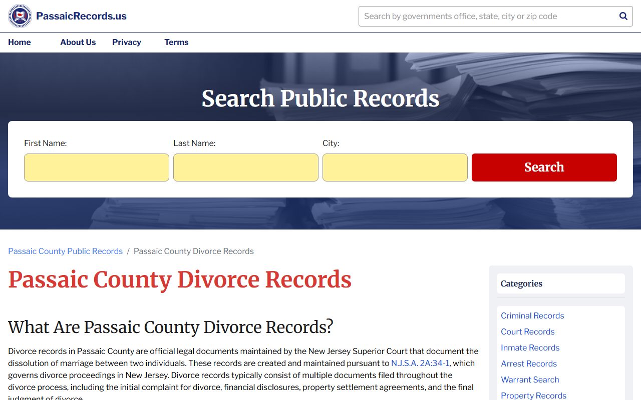 Passaic County divorce records page for dissolution of marriage lookup