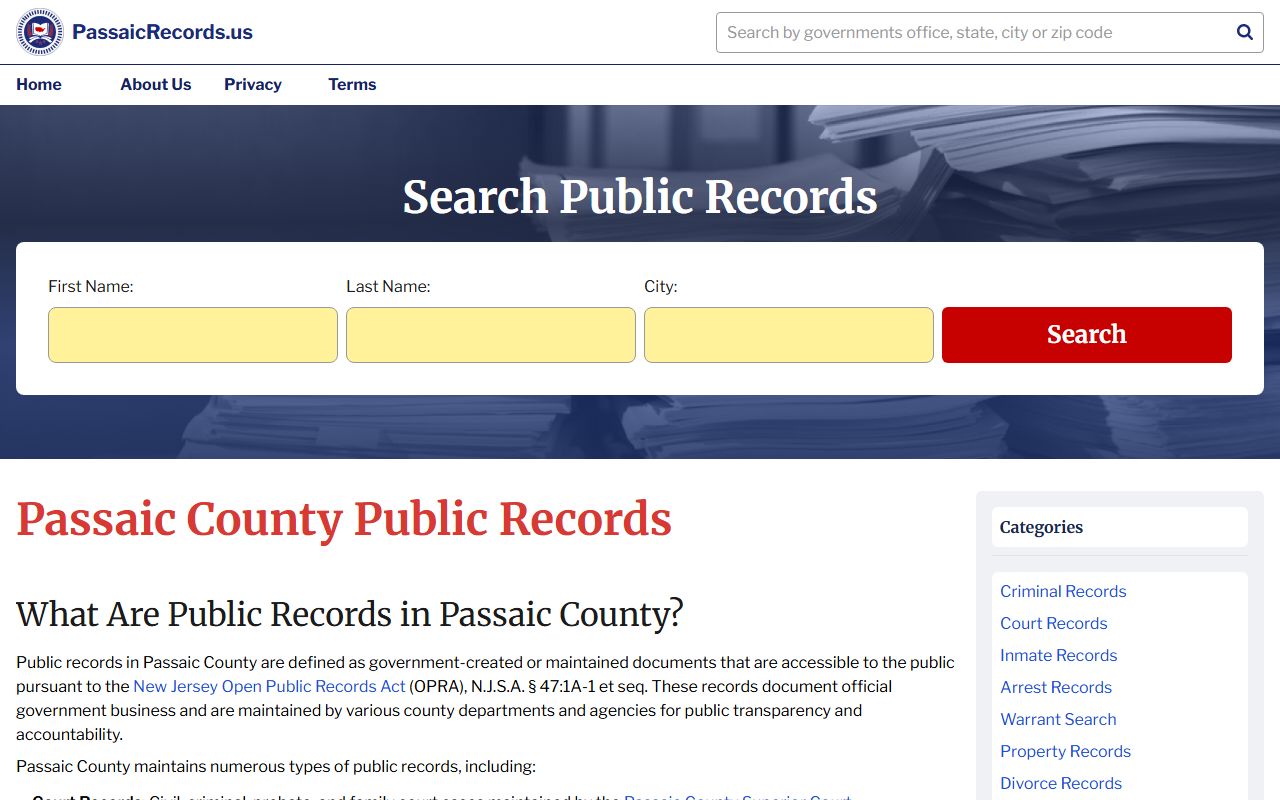 Passaic County records homepage for dissolution of marriage access