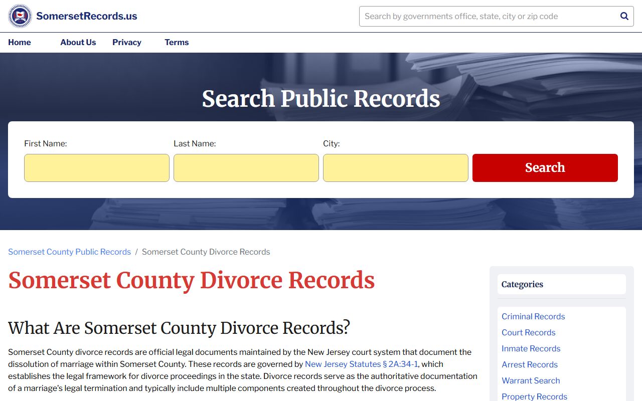 Somerset County divorce records page for dissolution of marriage searches